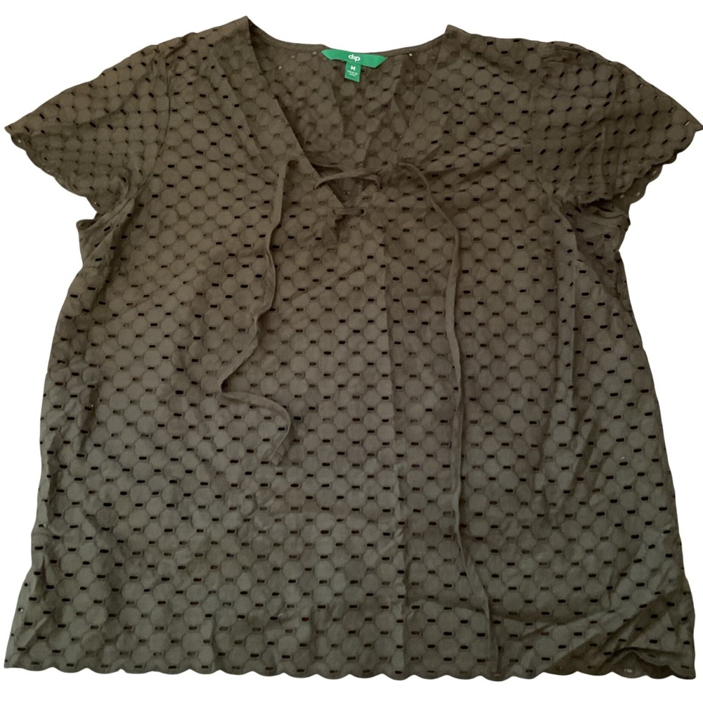 Dip Olive Green Eyelet Tie Front V-Neck Short Sleeve Blouse Top Mens Medium